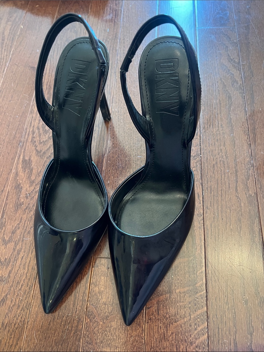 DKNY Black Patent Pointed Toe Slingback Pumps